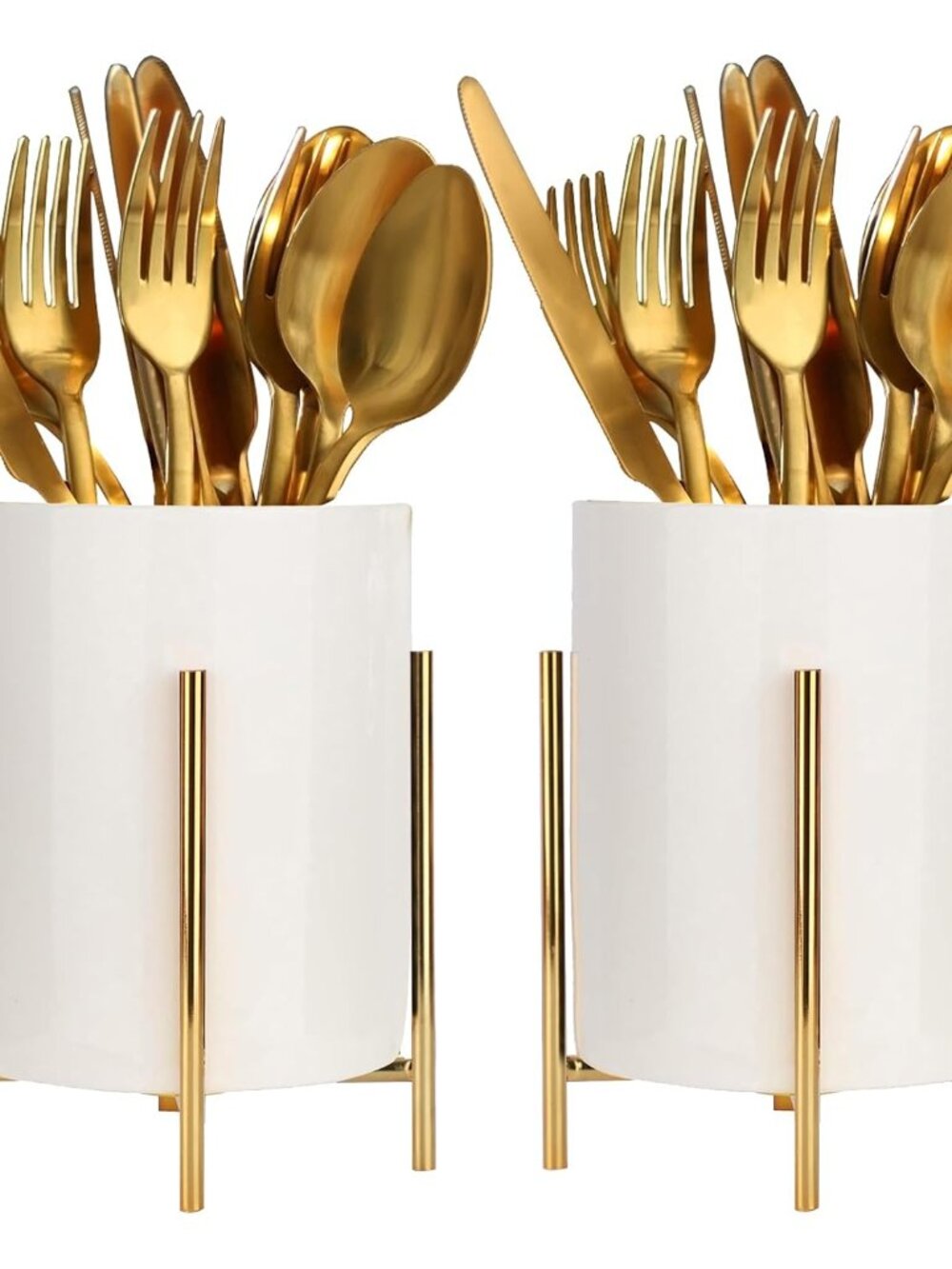 2 Set Silverware Caddy for Countertop,Sturdy Ceramic and Sturdy Metal Frame,Buff